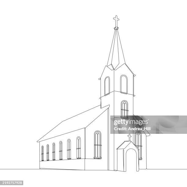 schöne kirche einlinienzeichnung vektor illustration - kirchturmspitze stock-grafiken, -clipart, -cartoons und -symbole