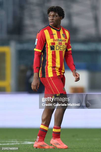 Patrick Dorgu of US Lecce looks on during the Serie A match between Empoli and Lecce at Stadio Carlo Castellani on January 11, 2025 in Empoli, Italy.