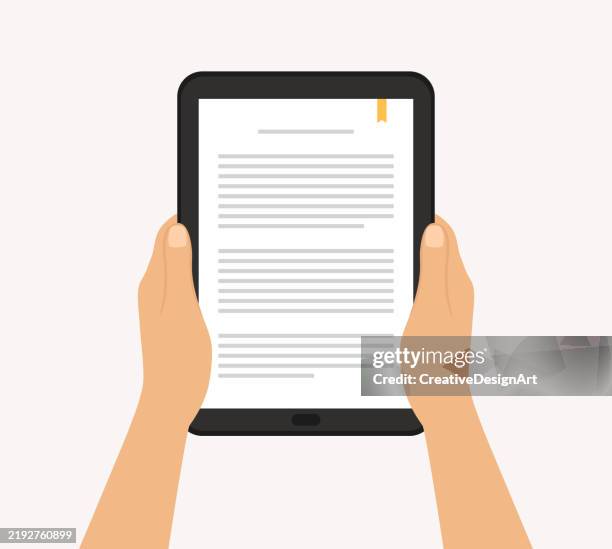bildbanksillustrationer, clip art samt tecknat material och ikoner med hand holding digital tablet and reading e-book - surfplatta