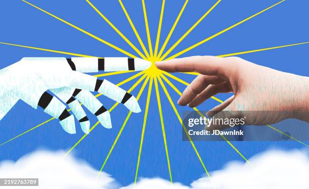 artificial intelligence business concept in collage style with human hand and artificial hand touching above clouds - sunlight window stock illustrations