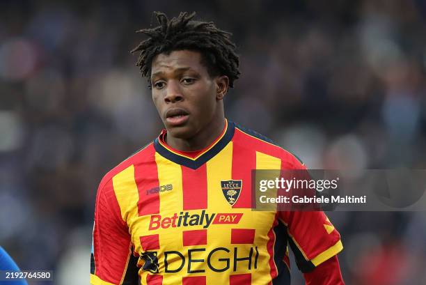 Patrick Dorgu of US Lecce looks on during the Serie A match between Empoli and Lecce at Stadio Carlo Castellani on January 11, 2025 in Empoli, Italy.