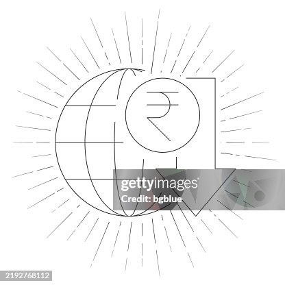 Indian rupee rate decrease. Line icon with sunbursts on white background Indian rupee rate decrease. Line icon with sunbursts on white background