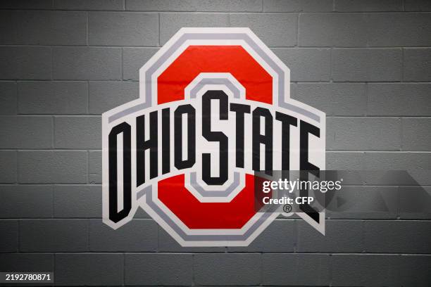 The Ohio State Buckeyes logo is displayed outside of their locker room prior to the game against the Texas Longhorns ahead of the Goodyear Cotton...
