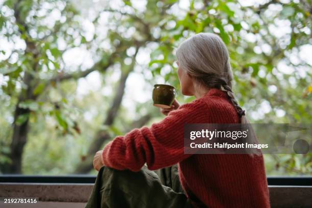 woman sipping hot coffee while sitting by window, looking out. taking a break. - mental wellbeing stock pictures, royalty-free photos & images