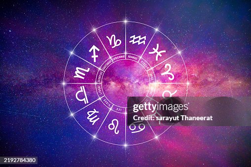Zodiac signs inside of horoscope circle. Astrology in the sky with many stars and moons astrology and horoscopes concept Zodiac signs inside of horoscope circle. Astrology in the sky with many stars and moons astrology and horoscopes concept