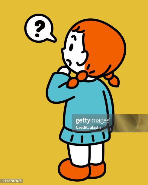 ilustraciones, imágenes clip art, dibujos animados e iconos de stock de una linda chica con cabello de cola de caballo trenzado de color naranja, mirando ligeramente hacia arriba, reflexionando algo, con una mano tocando la barbilla, curiosa o confundida, vista trasera de tres cuartos, estilo minimalista, dibujada en un contor - arte minimalista