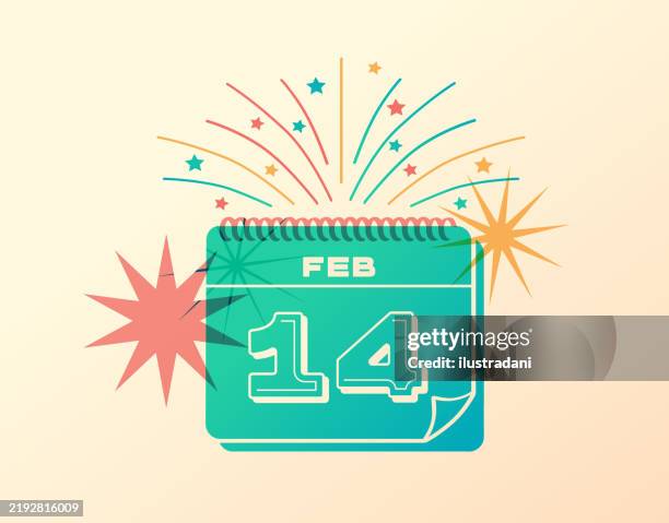 february 14 daily festive calendar icon with stars and fireworks - 14 days to go stock illustrations