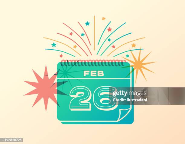 february 26 daily festive calendar icon with stars and fireworks - february birthday stock illustrations
