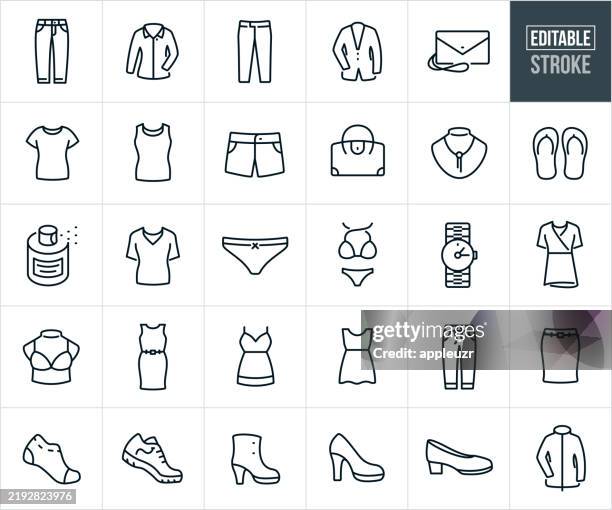 illustrations, cliparts, dessins animés et icônes de vêtements pour femmes icônes de lignes minces - trait modifiable - les icônes comprennent les vêtements habillés, les vêtements de cérémonie, les vêtements décontractés, les vêtements pour femmes, les pantalons, les pantalons, les chemises habi - veste-et-blouson