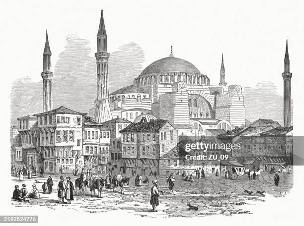 hagia sophia, istanbul (konstantinopel), türkei, holzstich, veröffentlicht 1883 - hagia sophia stock-grafiken, -clipart, -cartoons und -symbole