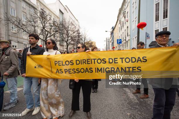 General view occurs during an anti-racism demonstration in Lisbon, Portugal, on January 11, 2025. The demonstration, organized by the 'Vida Justa'...