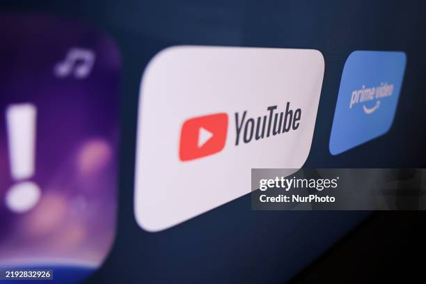 YouTube and Prime Video logo displayed on a tv screen are seen seen in this illustration photo taken in Norway on January 11, 2025.