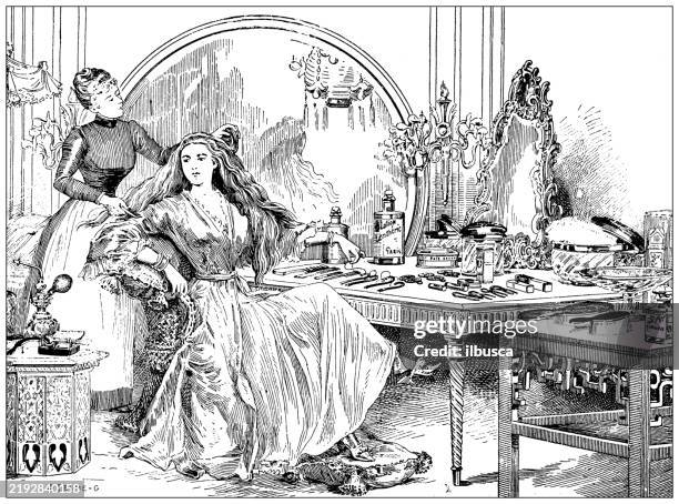 antique image from french magazine - getting ready mirror stock illustrations