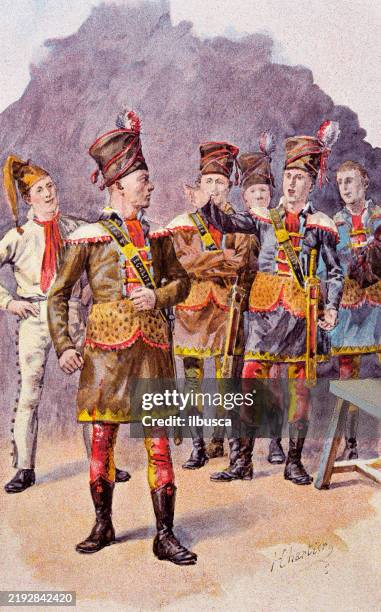 antique image from french magazine, military training - national gendarmerie stock illustrations