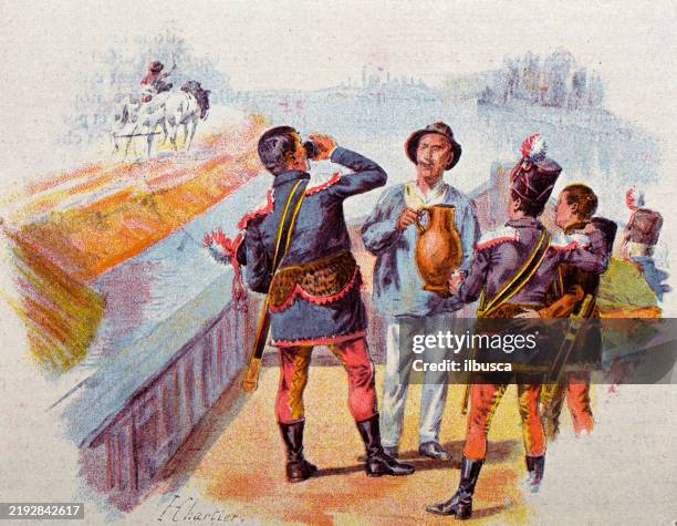 antique image from french magazine, military training - national gendarmerie stock illustrations
