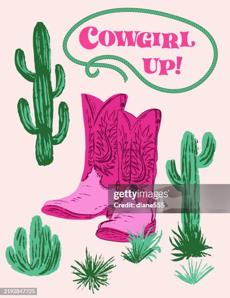 illustrations, cliparts, dessins animés et icônes de jolie affiche de bottes de cow-girl rose et cactus - country music