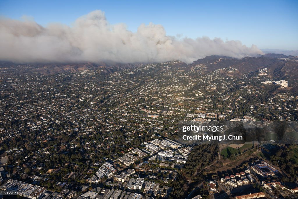 Helicopter aerial views of Palisades fire and Eaton fire.