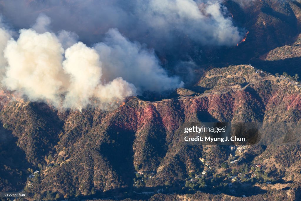 Helicopter aerial views of Palisades fire and Eaton fire.