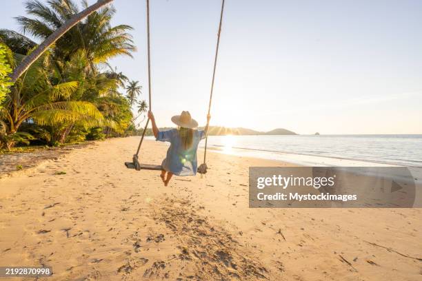 woman enjoying a beach swing under palm trees - coconut palm tree stock pictures, royalty-free photos & images