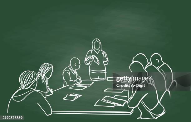 ilustraciones, imágenes clip art, dibujos animados e iconos de stock de quarterlyreviewbusinessmeetingchalkboard - arte minimalista