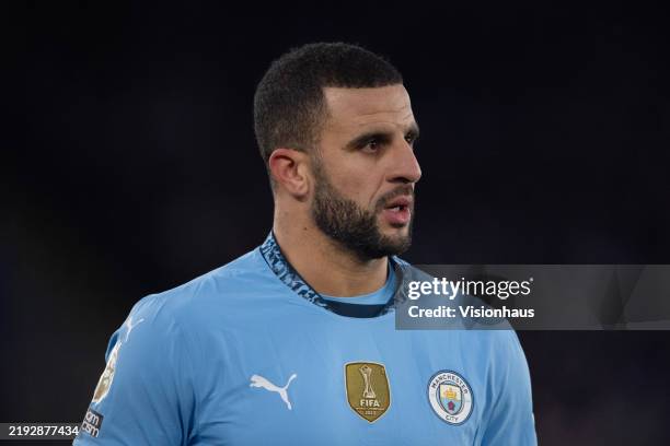 Kyle Walker of Manchester City looks on during the Premier League match between Leicester City FC and Manchester City FC at The King Power Stadium on...