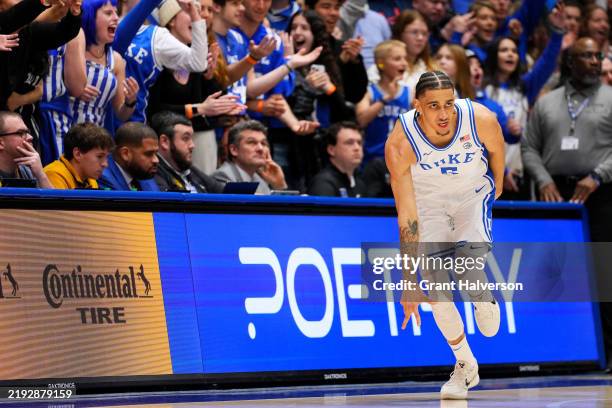 Tyrese Proctor of the Duke Blue Devils reacts after making a three-point basket against the Pittsburgh Panthers during the first half of the game at...