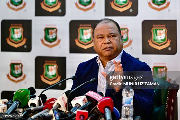 Chief selector of the Bangladesh Cricket Board Gazi Ashraf Hossain, addresses a press conference to announce the country's squad for the upcoming...
