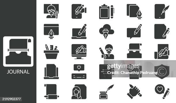 journalism icon set. solid icon collection. vector illustration. stock illustration icon symbol, writing - activity, pencil, handwriting, pen stock illustrationadvertisement, article, author, blogging, book - freelance writer stock illustrations