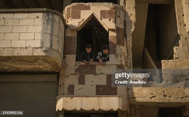 People work on reconstruction of destroyed buildings as return of the civilians has started in Syria on January 9, 2025. Homs, which is strategically...