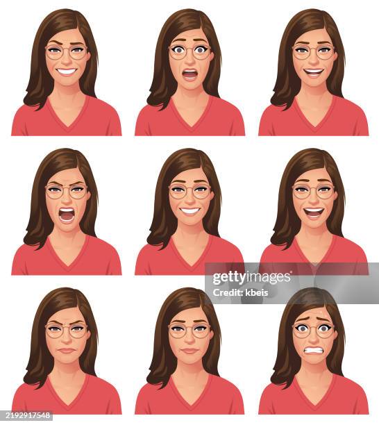 ilustrações de stock, clip art, desenhos animados e ícones de young brunette woman with glasses portrait - emotions - avatar