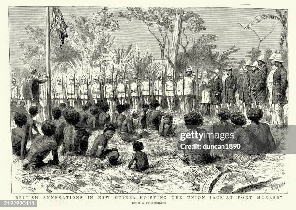 ilustraciones, imágenes clip art, dibujos animados e iconos de stock de imperialismo, imperio británico, anexiones británicas en nueva guinea, izando el gato de la unidad en port moresby, ilustración vintage victoriana de la década de 1880, siglo xix - imperio británico