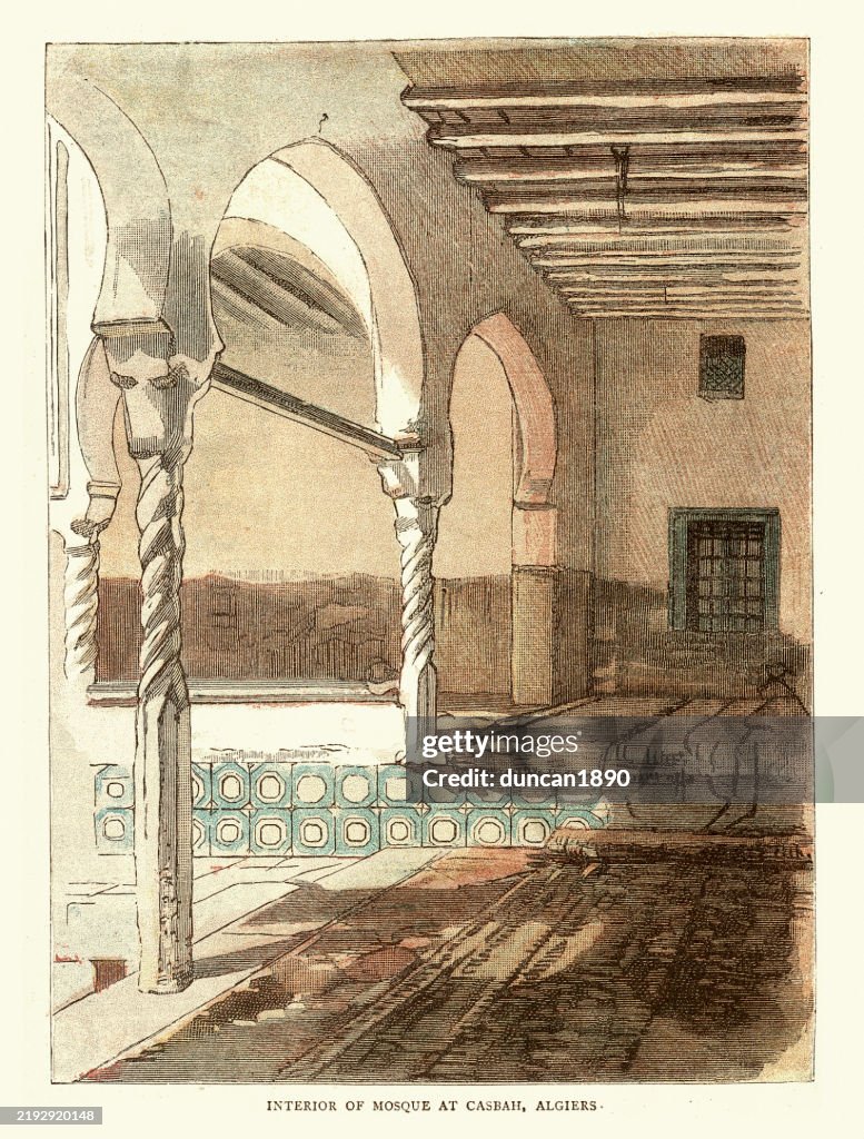 Islamische Architektur, Innenraum der Moschee in der Kasbah, Algier, Viktorianische Vintage-Illustration 1880er Jahre, 19. Jahrhundert