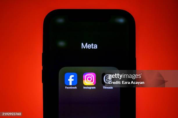 In this photo illustration, the Facebook, Instagram, and Threads applications are seen on a phone on January 08, 2025 in Santa Rosa, Philippines....