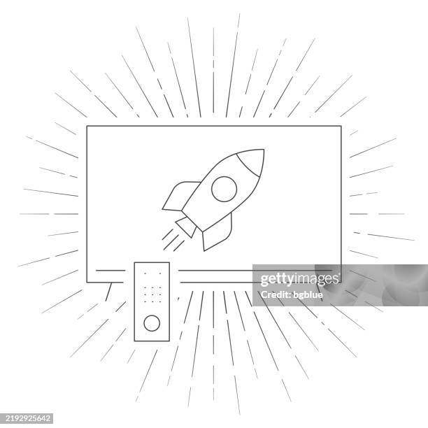 tv with rocket. line icon with sunbursts on white background - smart tv on white stock illustrations