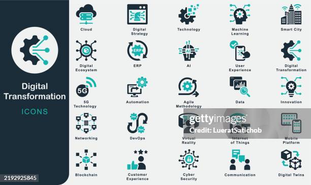illustrazioni stock, clip art, cartoni animati e icone di tendenza di collezione di icone solide di trasformazione digitale. tecnologia, comunicazione, dati, ecosistema digitale, automazione, ai, networking, realtà virtuale, cloud, erp, blockchain, devops, sicurezza informatica - digital-transformation-icons