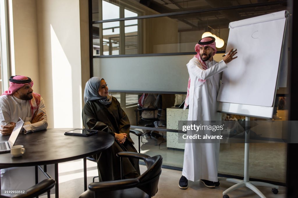 Saudi businessman presenting business strategies on flipchart to colleagues