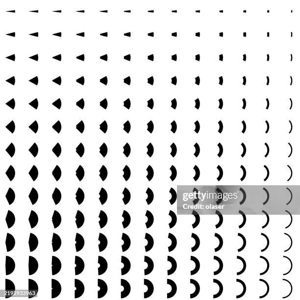 set of pie chart icons from 0 to 180 degrees, semi circle, and from solid to thin outline - continuous circle icon stock illustrations
