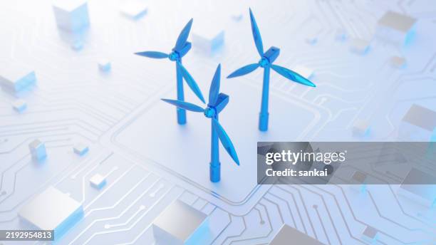 turbinas eólicas en placa de circuito que representan la energía y la tecnología verdes - tecnología verde fotografías e imágenes de stock