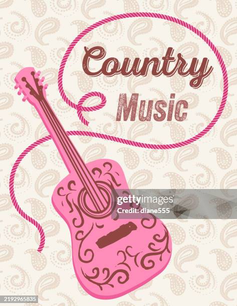 illustrations, cliparts, dessins animés et icônes de affiche de cow-girl rose avec guitare western et corde - country music