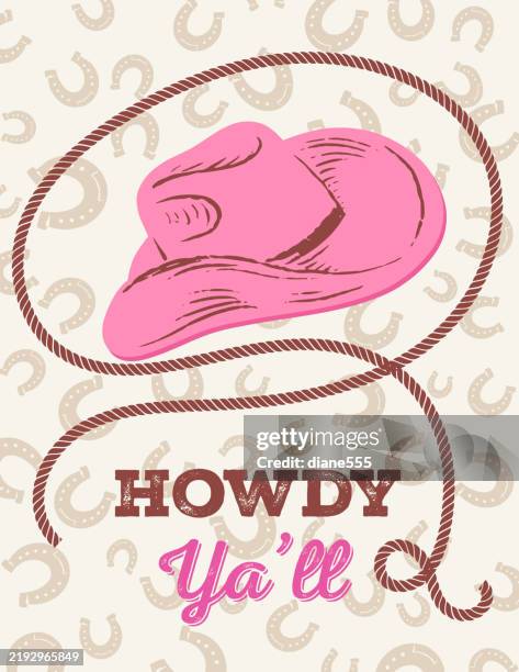 bildbanksillustrationer, clip art samt tecknat material och ikoner med pink cowgirl poster with hat & rope - rosalina