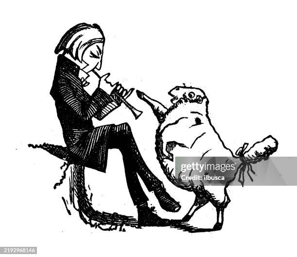cartoon characters from 19th century british picture book - man playing flute stock illustrations