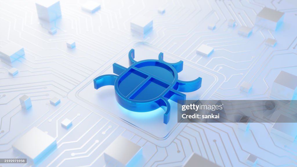Digital Bug Icon on Futuristic Circuit Board Design