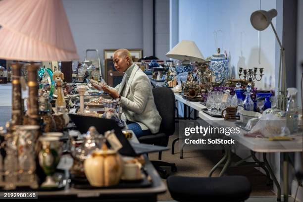 auction house professional examines antique collection - antique shop stock pictures, royalty-free photos & images