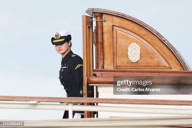 Crown Princess Leonor of Spain arrives at the port of Cadiz to embark on board the training ship 'Juan Sebastian De Elcano' on January 08, 2025 in...