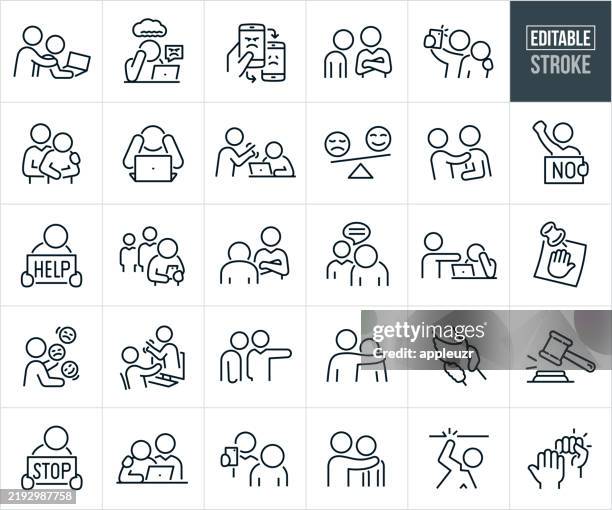 stockillustraties, clipart, cartoons en iconen met workplace harassment thin line icons - editable stroke - icons include sexual harassment, physical harassment, cyberbullying, bullying, verbal abuse, business people, supervisor, businesswoman, businessman, manager, teasing, physical abuse, abusive behavi - collega