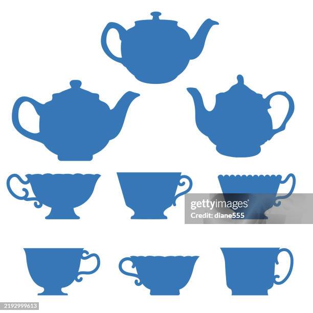 stockillustraties, clipart, cartoons en iconen met cute teapot and teacup silhouette set - theepot