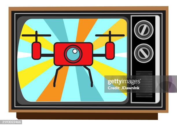 retro tv screen with television spying drone concept on white background - conspiracy theory stock illustrations