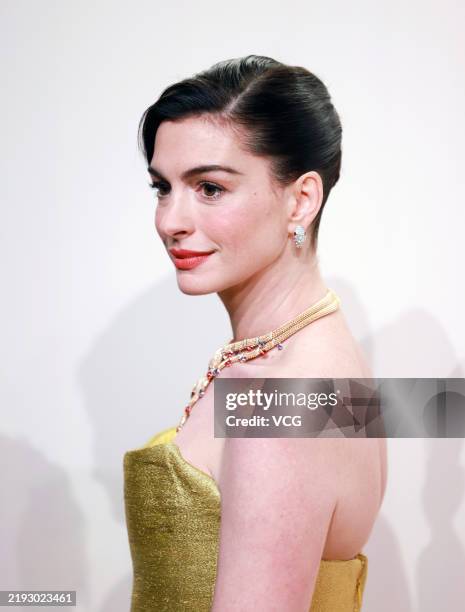 Actress Anne Hathaway attends the opening ceremony of Bvlgari Infinity Serpents Exhibition on January 8, 2025 in Shanghai, China.