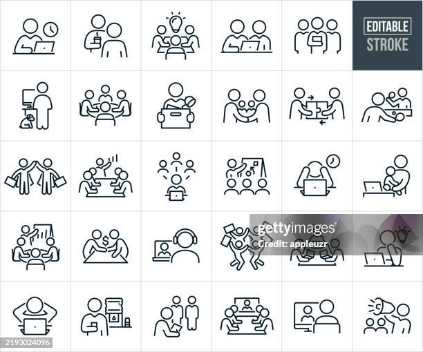 working office thin line icons - editable stroke - icons include business people working in office, businessman on computer, business presentation, business people sitting at table working, business deal, business people shaking hands, business meeting, b - people shaking hands office stock illustrations