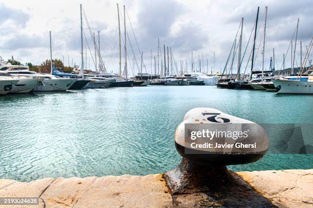 port of palma, berth, sea and boats. palma, mallorca, spain. - förtöjningsmast bildbanksfoton och bilder